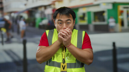Young man wearing a reflective vest expresses surprise on a busy urban street.