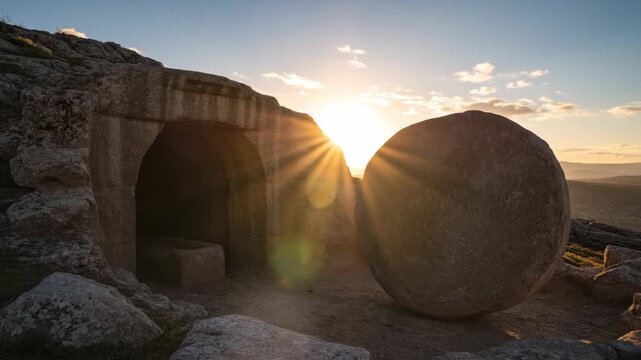 Sunrise at an Ancient Tomb - An empty stone tomb at sunrise, with a large, round stone rolled away from the entrance. Golden sunbeams stream through the opening, illuminating the scene.