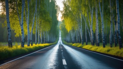 Obraz premium Long straight road through a forest of tall trees on both sides, with sunlight filtering through the leaves.