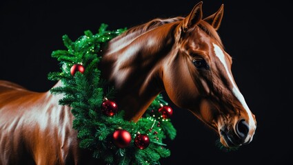 A horse with a festive wreath of green foliage and red ornaments around its neck.