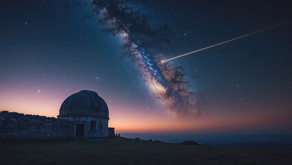 Obraz premium Night sky with Milky Way and shooting star over observatory, starry universe, astronomy and celestial observation concepts.