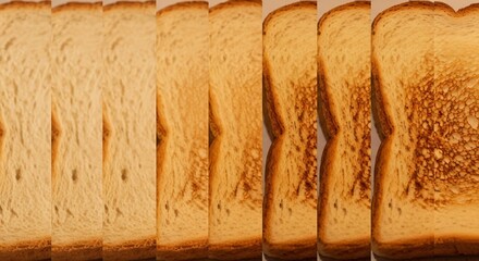 Slices of Bread Showing Gradual Toasting Stages from Light to Dark Brown