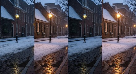 Snowfall on a cobblestone street with glowing gas lamps and historic brick buildings