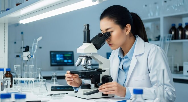 A woman scientist looking through a microscope in a laboratory, conducting research with scientific equipment. Microscopic analysis and discovery concept.