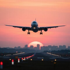 Airplane landing at sunset with a city skyline in the background