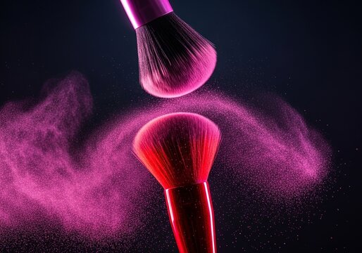 Vibrant pink powder explodes from makeup brushes in dramatic lighting