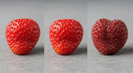 Three Red Strawberries in a Row on Textured Gray Surface