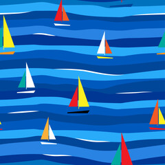 Sail boats of the different colors in the sea. Stylized marine striped background. Seamless vector pattern.IMG_240_1