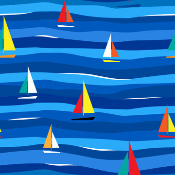 Sail boats of the different colors in the sea. Stylized marine striped background. Seamless vector pattern.IMG_240_1