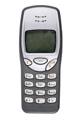 Classic mobile phone from the early 2000s with simple design isolated on white background.