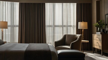 Obraz premium A serene bedroom featuring neutral tones with an armchair and soft window light creating a calm space