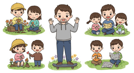 Cartoon illustrations of a father and children engaging in various family activities like reading, gardening, and skateboarding.