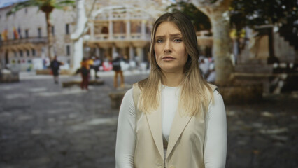 Fototapeta premium Woman standing outdoors in urban street setting with historic architecture in the background during daytime with focused expression.