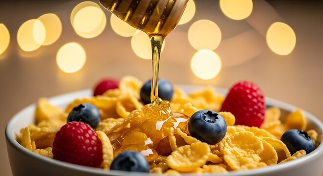 Golden honey pouring onto cornflakes with berries breakfast cereal