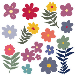 Collection of whimsical hand drawn flowers and greenery in vibrant colors.style for banners, wallpaper, posters, websites, online shopping.