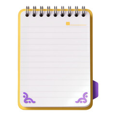 Yellow Spiral Notebook with Purple Decorations, Transparent Background, 3D Realism Design Element