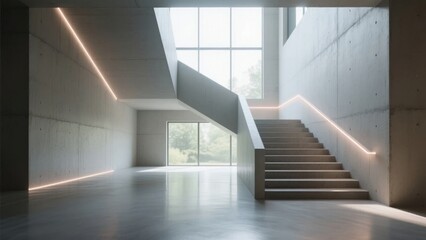 Obraz premium Modern Interior with Staircase and Large Windows