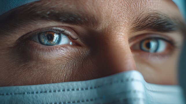 Close-up of male healthcare worker's eyes, focused and determined behind a surgical mask.