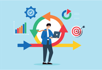 Guiding organizations through transitions, managing resistance and organizational concept vector illustration. Business analyst leading change management process 
