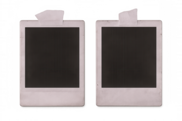 Two old blank instant photos taped to a transparent background, creating a vintage and nostalgic mood, perfect for showcasing memories or designs