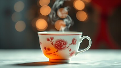 Fototapeta premium Porcelain teacup with peony motifs, steam rising as bokeh lights mimic festive fireworks.