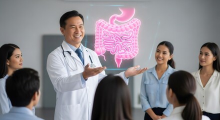 An asian male doctor is explaining intestinal organs to women and mean. Medical virtual presentation. Digestion visualization for health education.