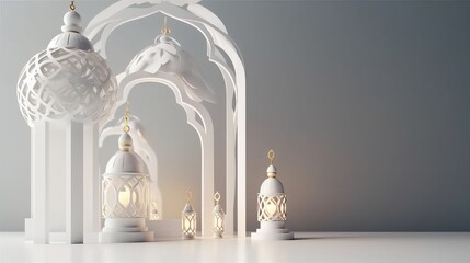 ramadan white greeting card of crescent moon decoration and lanterns with copy space area banner, Generative AI