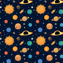 Solar System Seamless Pattern with Planets, Sun, Stars and Comets on Dark Background