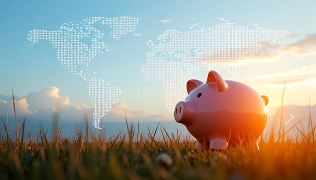A pink piggy bank, representing global savings, sits in a grassy field with a world map projected behind it. The scene is bathed in the warm glow of the setting sun.