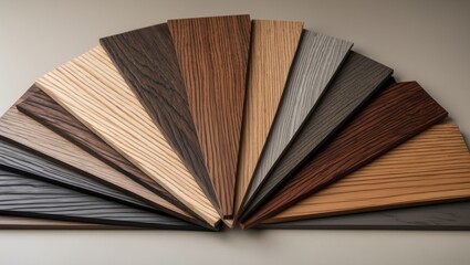 A variety of wood textures and colors arranged in a fan shape.