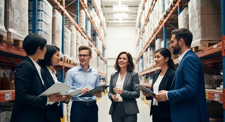 Diverse team discussing logistics in a warehouse aisle with shelves of boxes