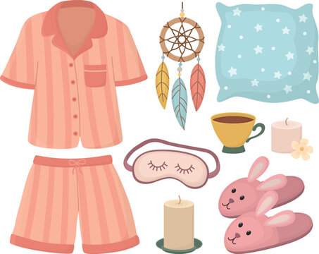 Cute set for pajama party isolated on white. Pajama, sleep mask, cup, dream catcher, candle, pillow, slippers