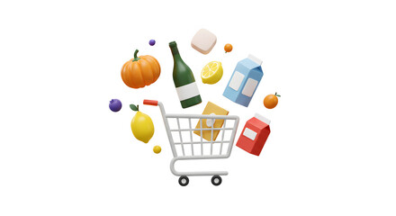 Floating Groceries in White Shopping Cart with Pumpkin and Citrus Fruit