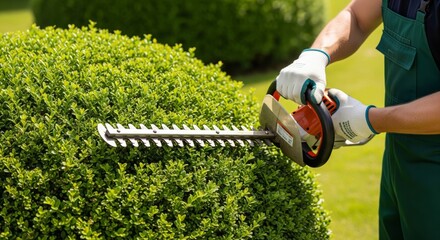Gardener trimming lush green hedge with electric hedge trimmer outdoors
