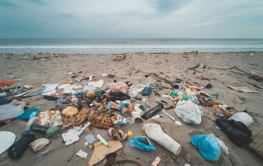 Garbage and plastics on the beach, Trash on the beach, Beach pollution