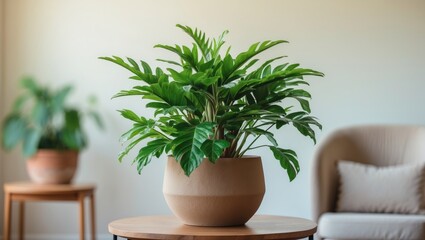Fototapeta premium A potted plant in a beige bowl on a wooden table with a blurred background of another plant and a cozy chair.