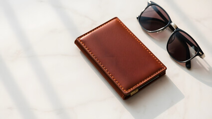 A close-up of a stylish leather wallet and sunglasses on a marble surface, capturing a sense of elegance and lifestyle