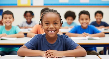 Smiling african child in classroom with diverse students learning together
