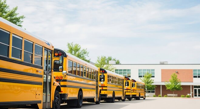 Row of yellow school buses parked outside brick school building on sunny day