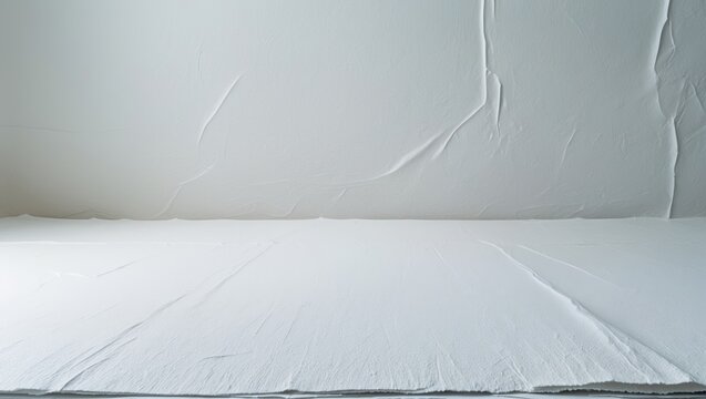 A white textured surface with cracks and creases on wall and floor.