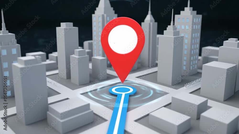 Aufkleber gps navigation system over city map - a 3d animation shows a red gps location marker pinpointing a d