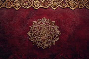 Embossed Pattern on Maroon Texture: Gold trim and mandala on maroon fabric, ornate design with elegance and texture.