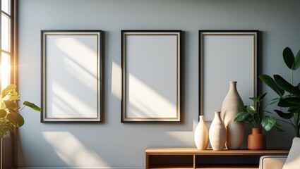 Modern living room mockup, three empty poster frames, light gray walls, sunlight streaming through big window, decorative vases, indoor plant, cozy neutral tones
