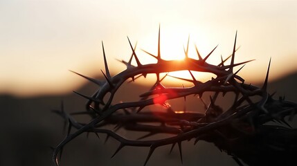 The cross and crown of thorns symbolizing the sacrifice and suffering of Jesus Christ and the red sunset, Passion Week and Lent concept, Generative AI