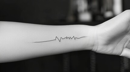 Minimalist tattoo of a heartbeat line on the wrist.
