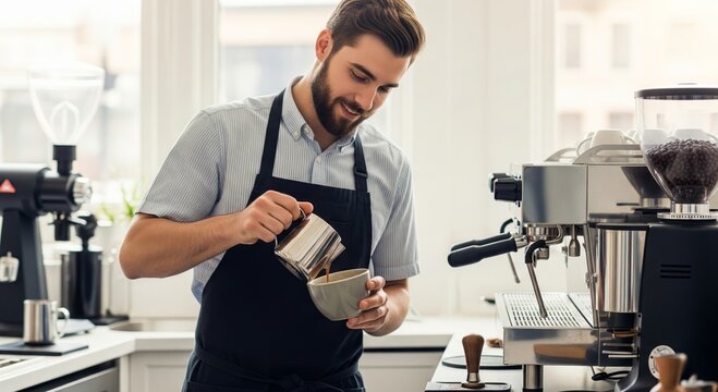 Young caucasian male barista preparing coffee in modern cafe