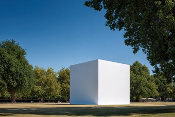 Minimalist White Cube Structure in a Green Park Under a Clear Blue Sky