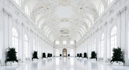Grand white hall with ornate ceiling and arched windows interior grand hall