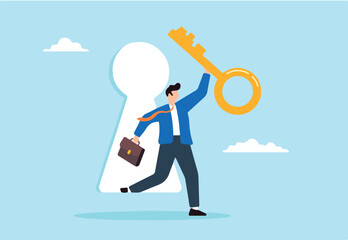 Flat illustration of businessman holding golden secret key and walking through keyhole discovering career opportunity and unlocking success