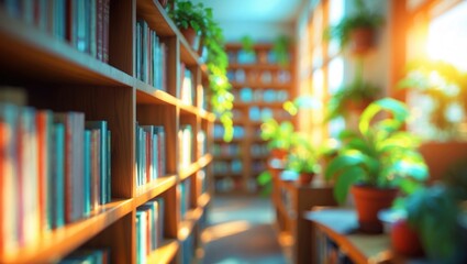Bookshelf with books and plants in a cozy library with warm sunlight streaming in.